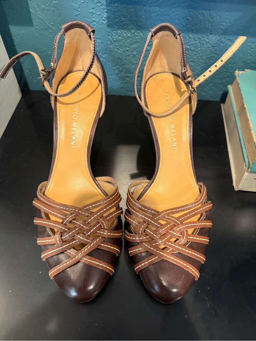 ANTONIO MELANI Brown Two-Tone Woven Ankle-Strap Heels